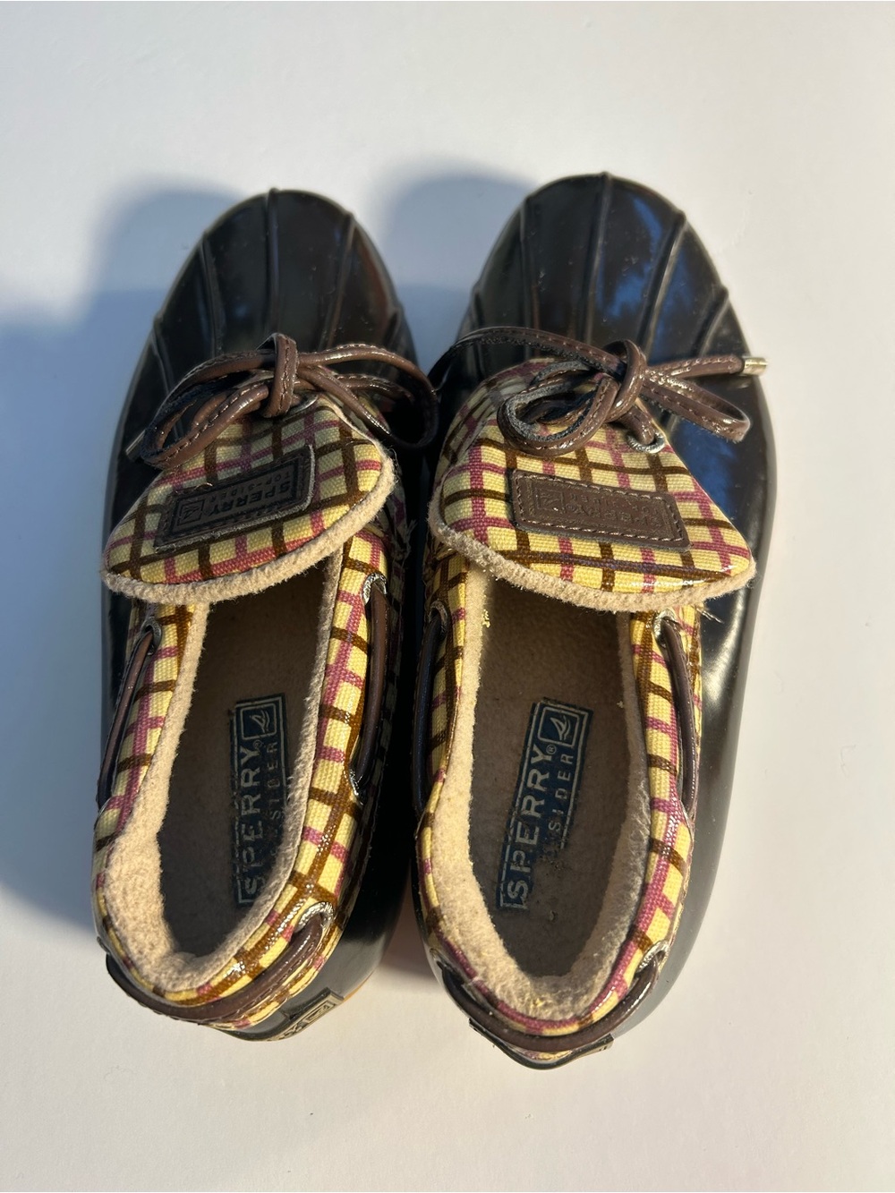 Sperry Black Gloss Duck Boots with Plaid Trim and Brown Laces